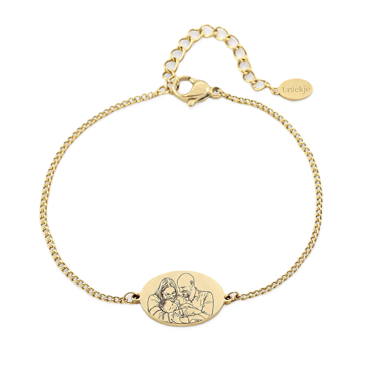 Front view of personalized engraved family bracelet with oval portrait charm and chain design displayed on white background