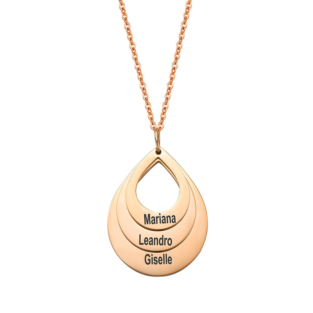 Personalized teardrop name necklace shown from the front with custom lettering on the pendant.