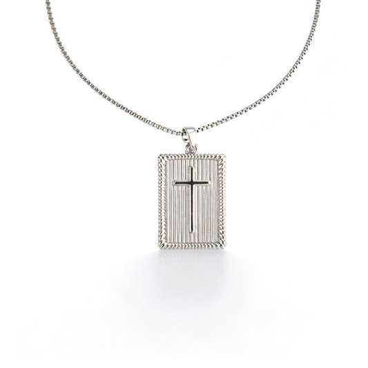 Front view of a silver-tone rectangular tag pendant featuring a central cross motif on a box chain.