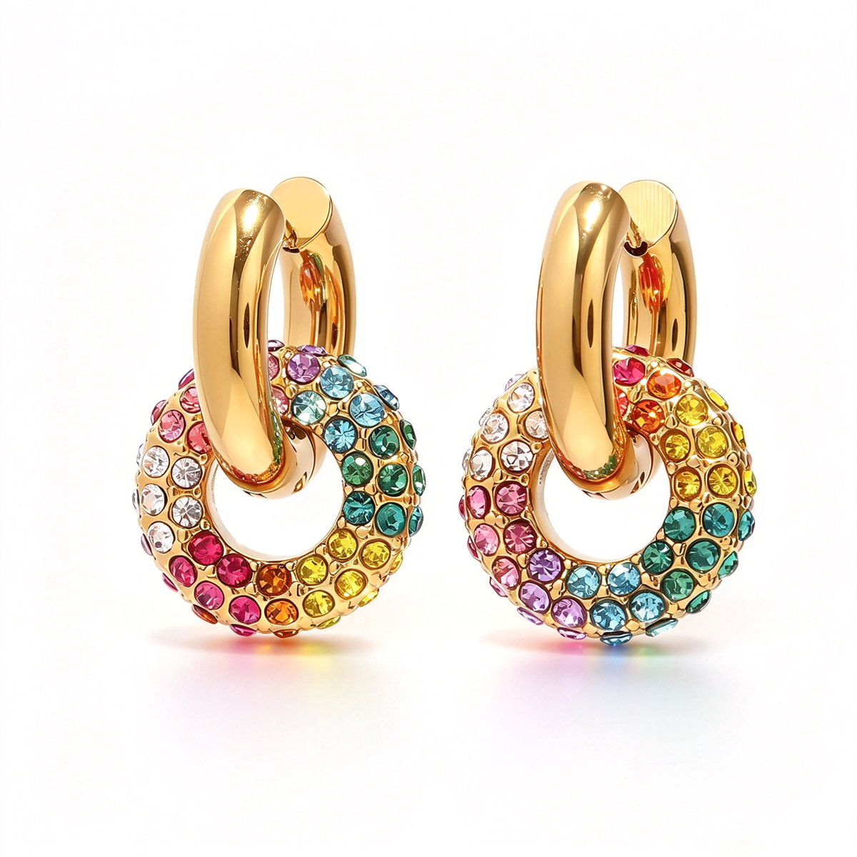 Colorful rhinestone hoop drop earrings with circular accents shown from the front.