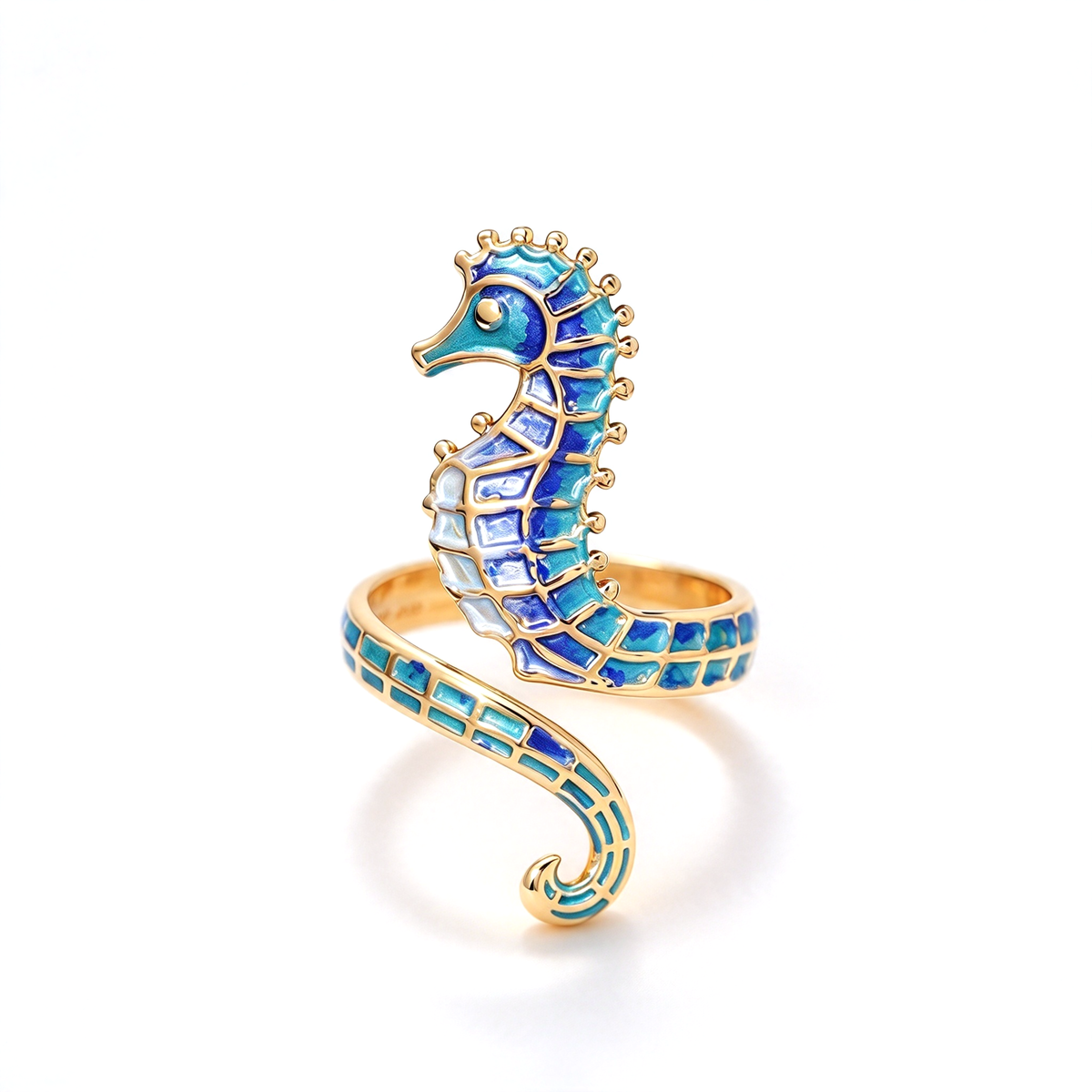 Seahorse wrap ring with blue and turquoise decorative details shown against a clean light background
