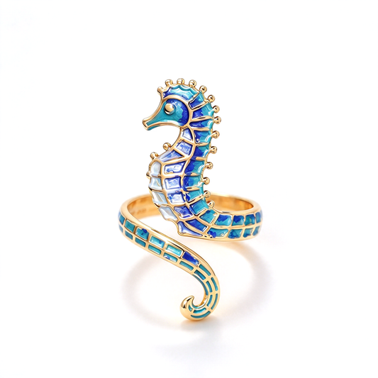 Seahorse wrap ring with blue and turquoise decorative details shown against a clean light background