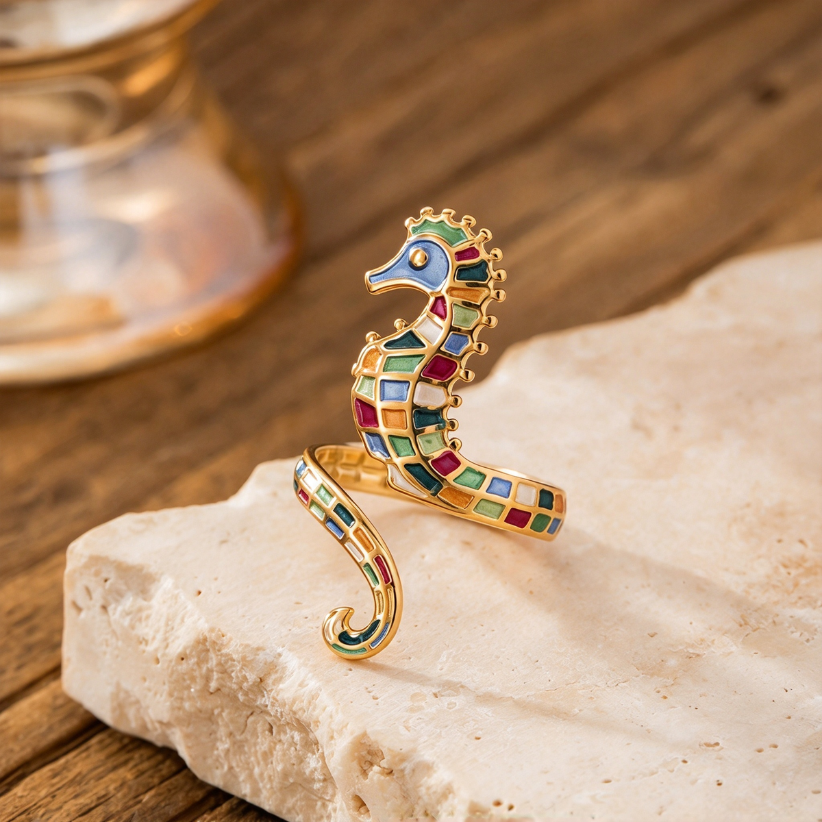 Multicolor seahorse wrap ring featuring blue, green, red, and yellow decorative sections