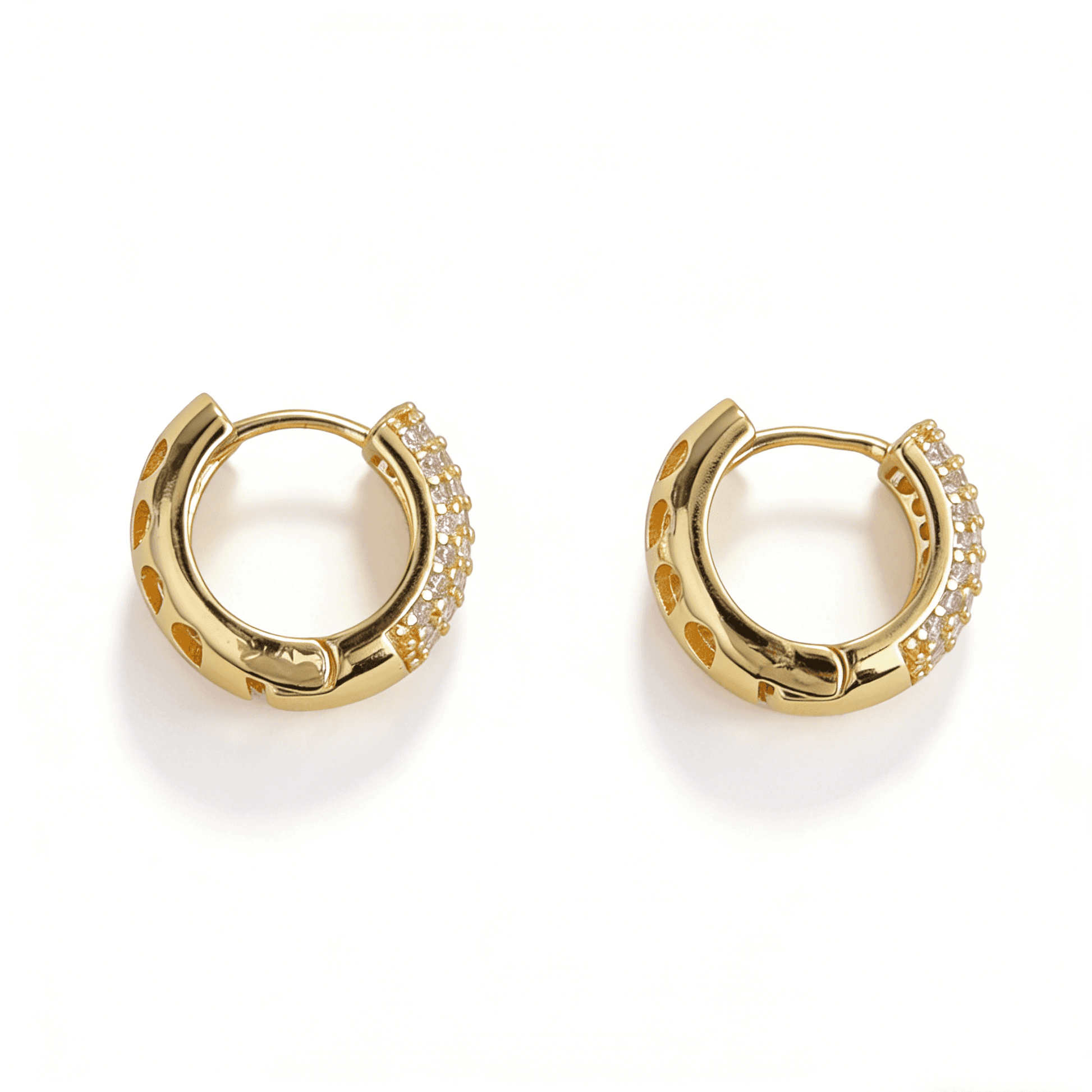Front-facing view of a pair of Ever P. small gold hoop earrings, perfect for everyday versatile wear.