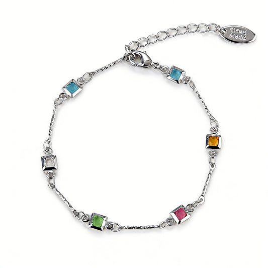 A dainty solitaire cubic zirconia bracelet with a polished silver-tone finish and minimalist chain.