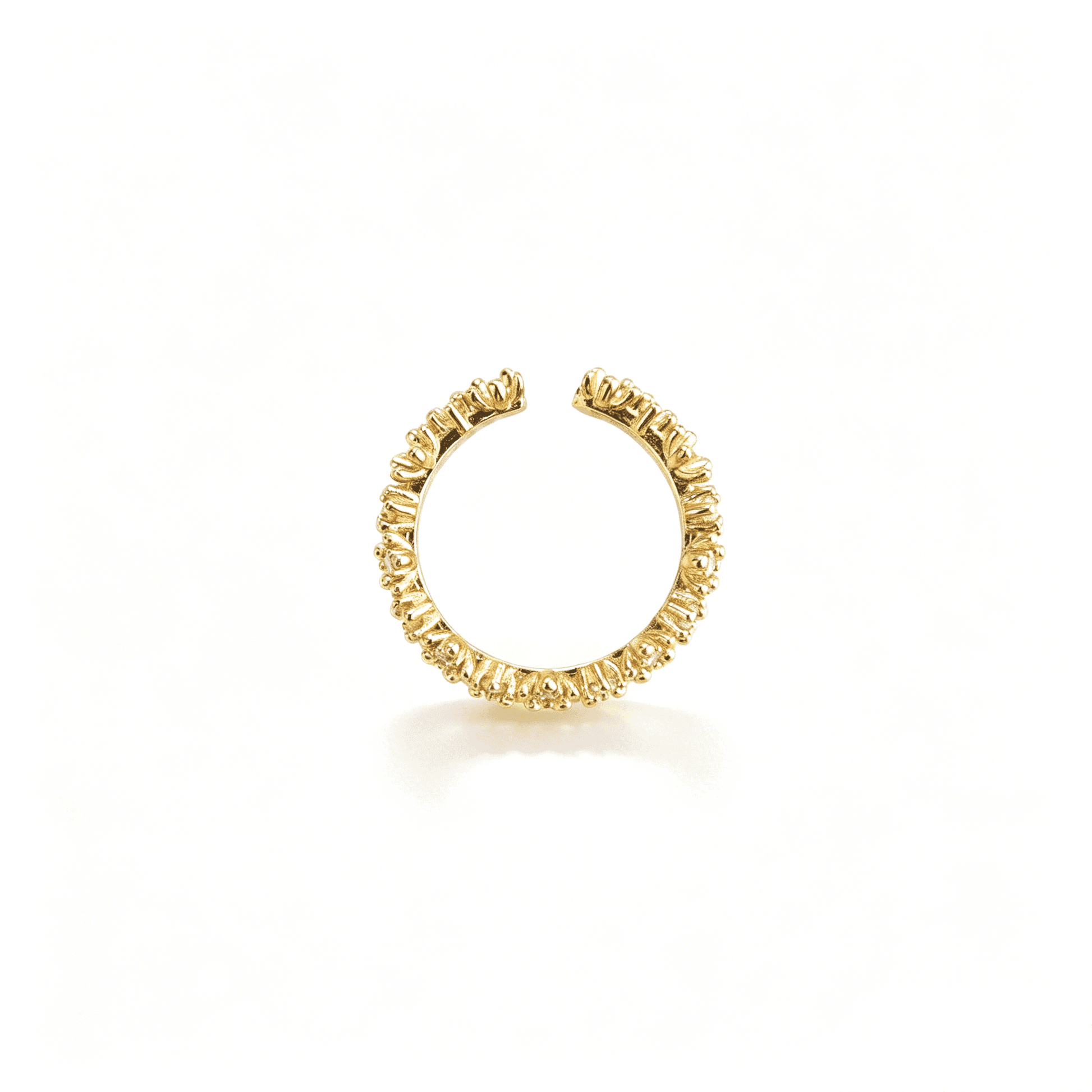 Overhead view of the gold-plated adjustable open band ring showcasing the adjustable back gap and secure stone-setting prongs.