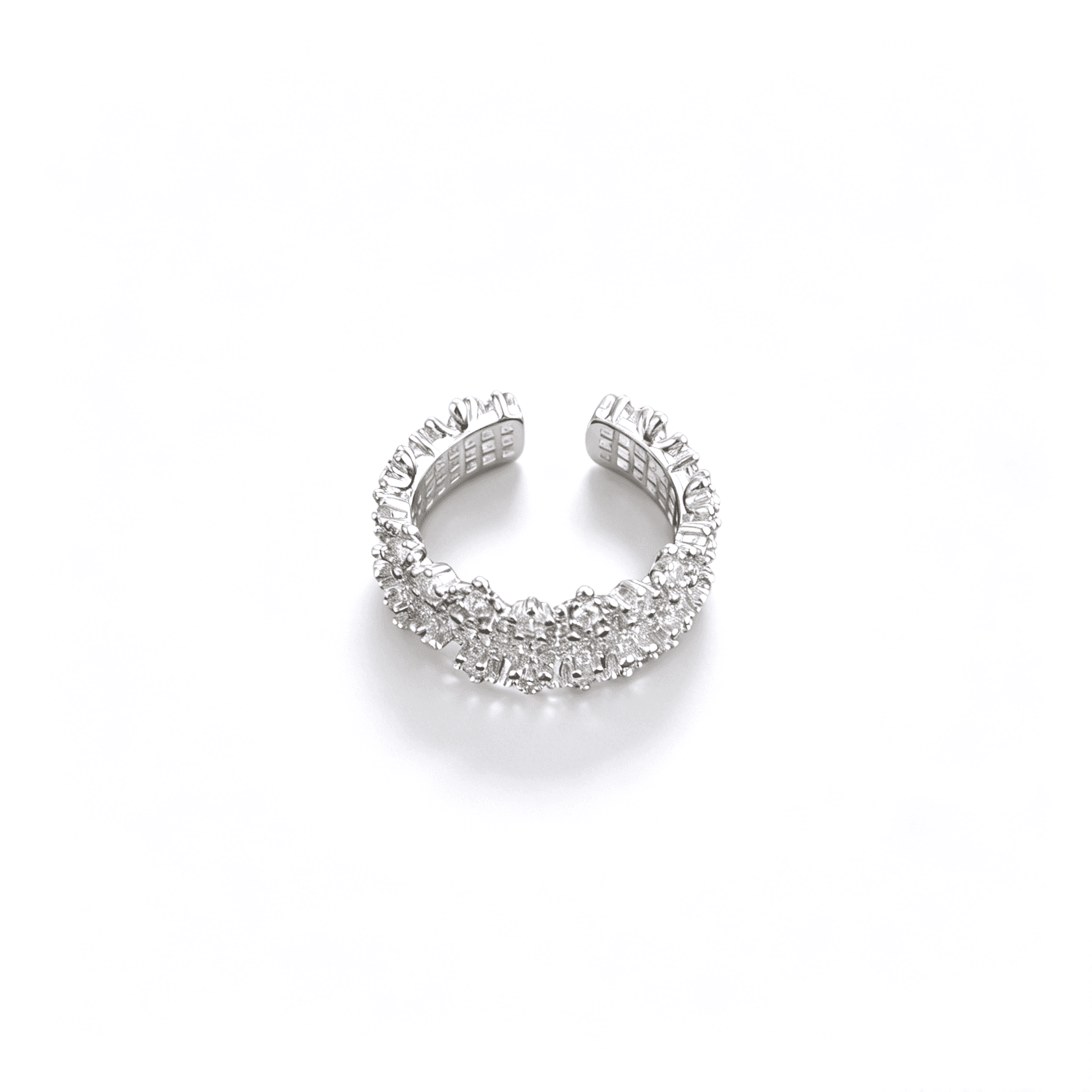 Front centered view of the silver-plated open band ring showcasing its dense multi-layer micro-pavé cubic zirconia stones and scalloped starburst edges.