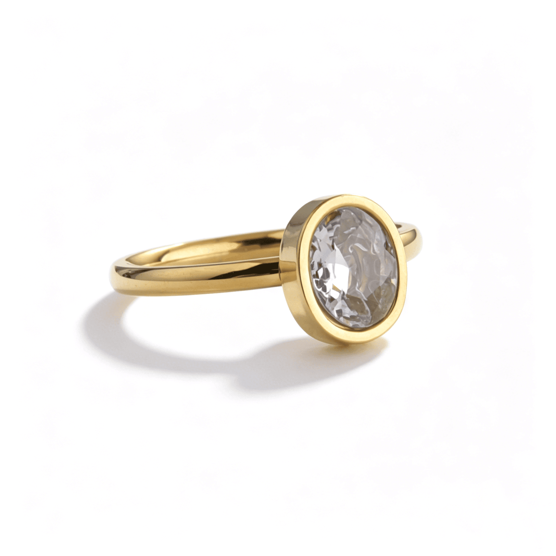 Direct side view of the oval stone stainless steel ring, emphasizing the 8x10mm zircon's height.
