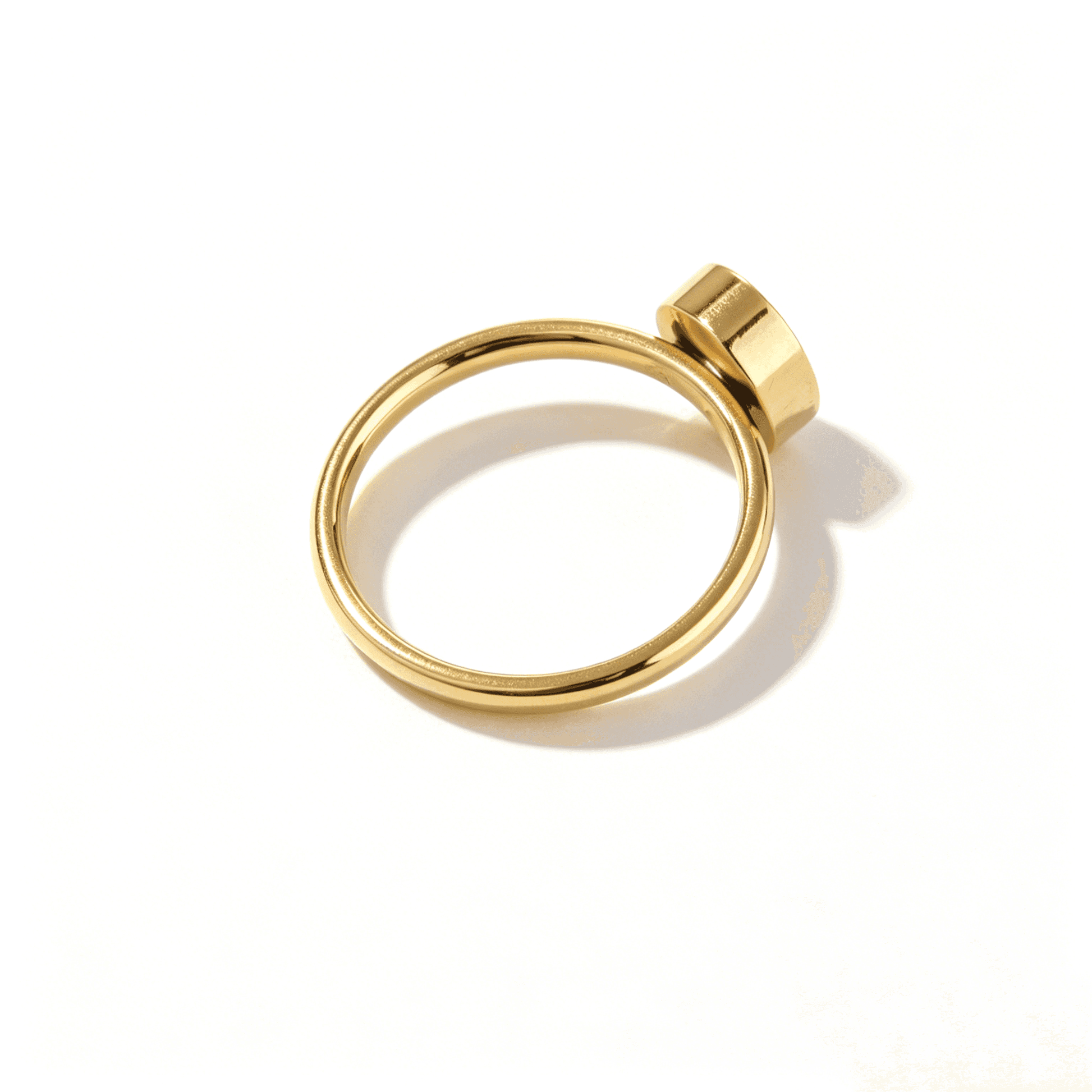 Side profile of the durable stainless steel ring band, showing the high-polish finish and bezel setting.