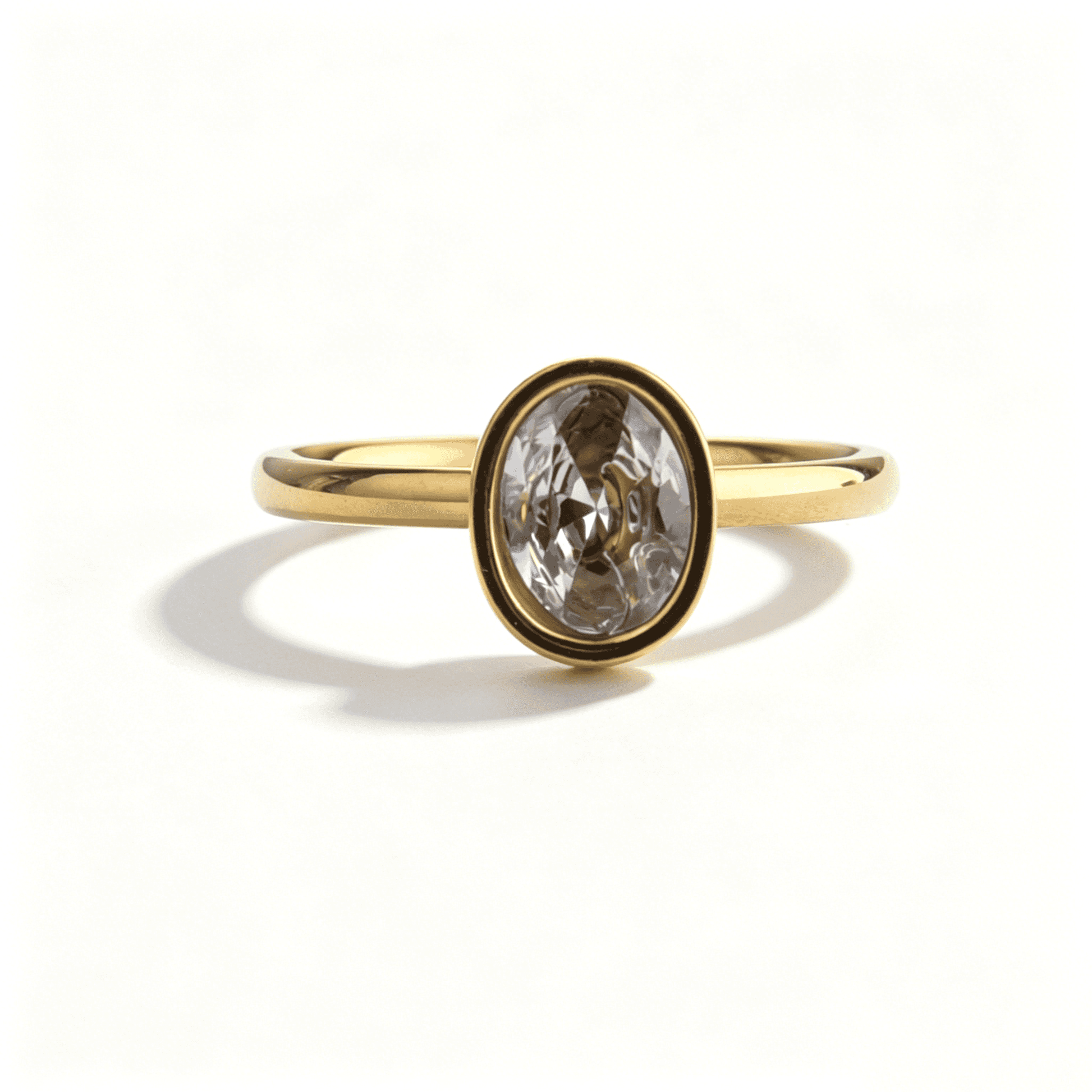 Frontal view of the waterproof stainless steel ring, displaying the full shape of the oval solitaire.