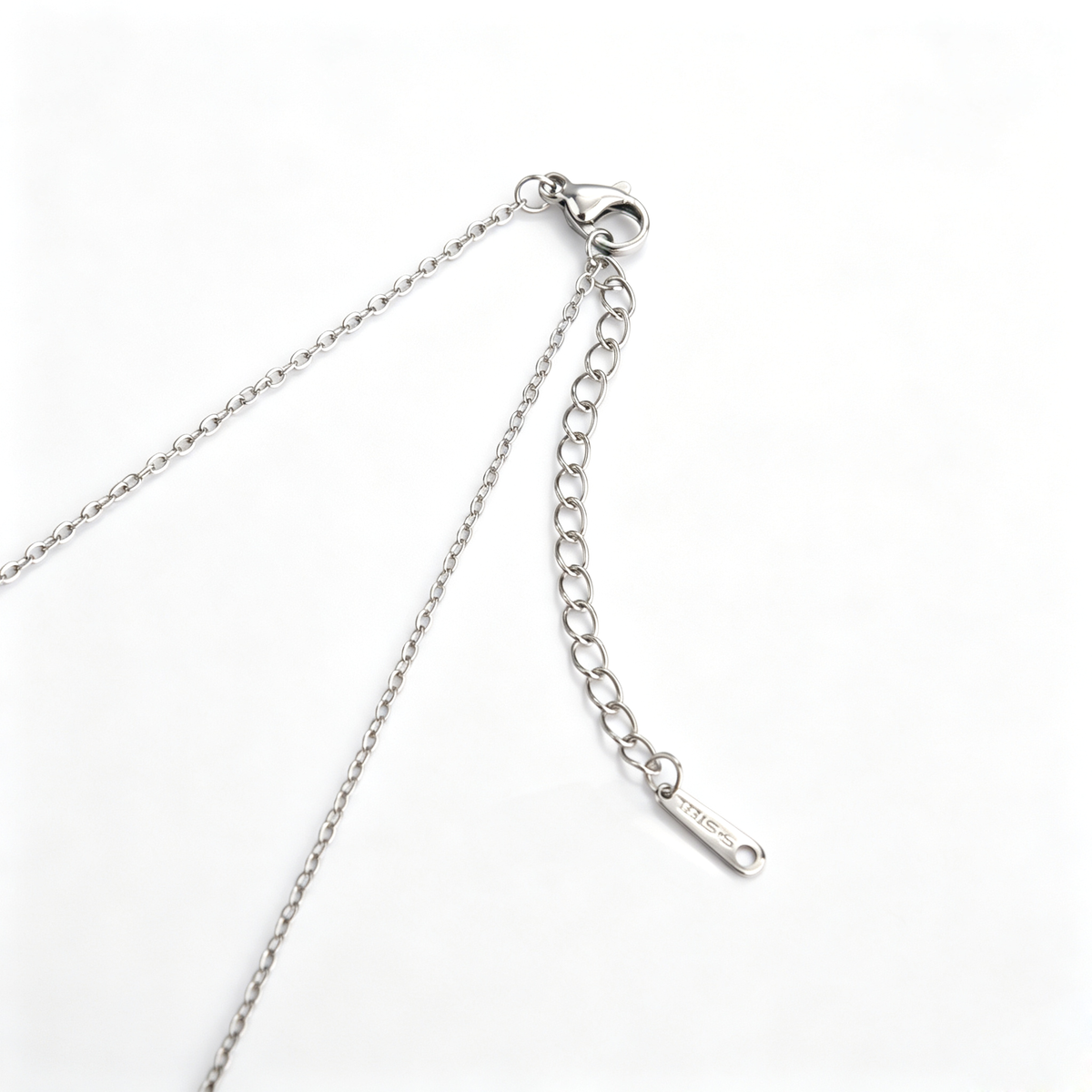 Close-up view of the stainless steel lobster clasp, extender chain, and engraved logo tag.