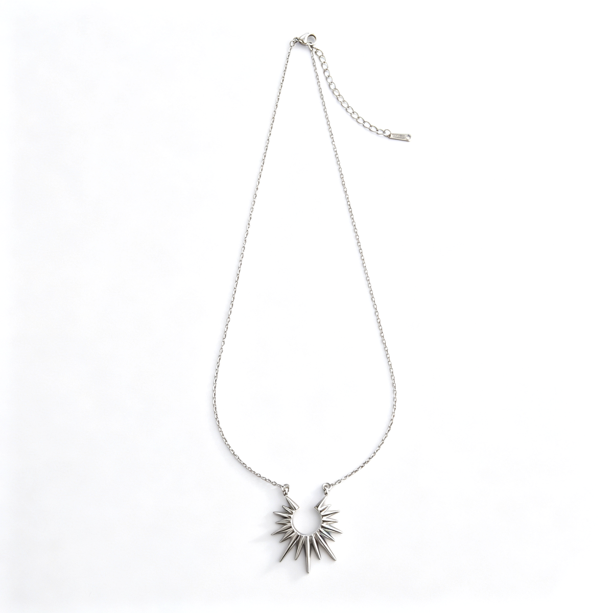 Full layout view of the stainless steel curb chain necklace with a radiating sunburst pendant.