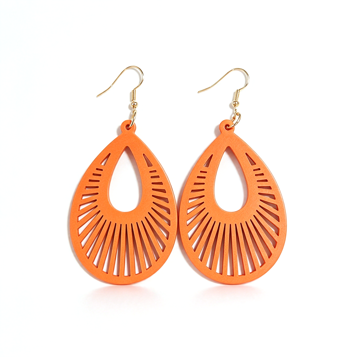 Orange sunburst teardrop earrings displayed as a matching pair with fan-like cutout details.