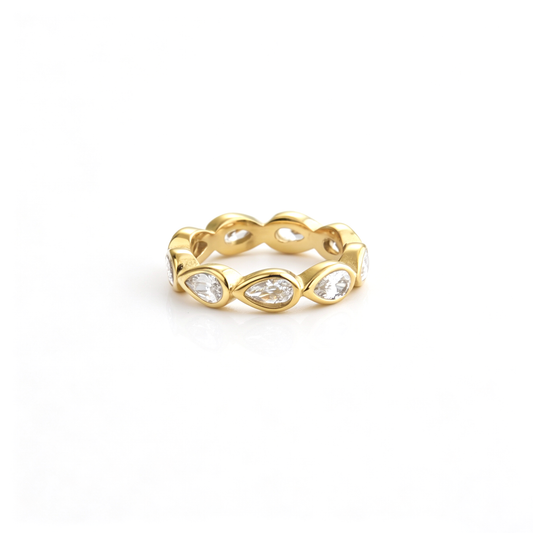 Band ring viewed from above, highlighting the continuous pattern of teardrop-shaped accents