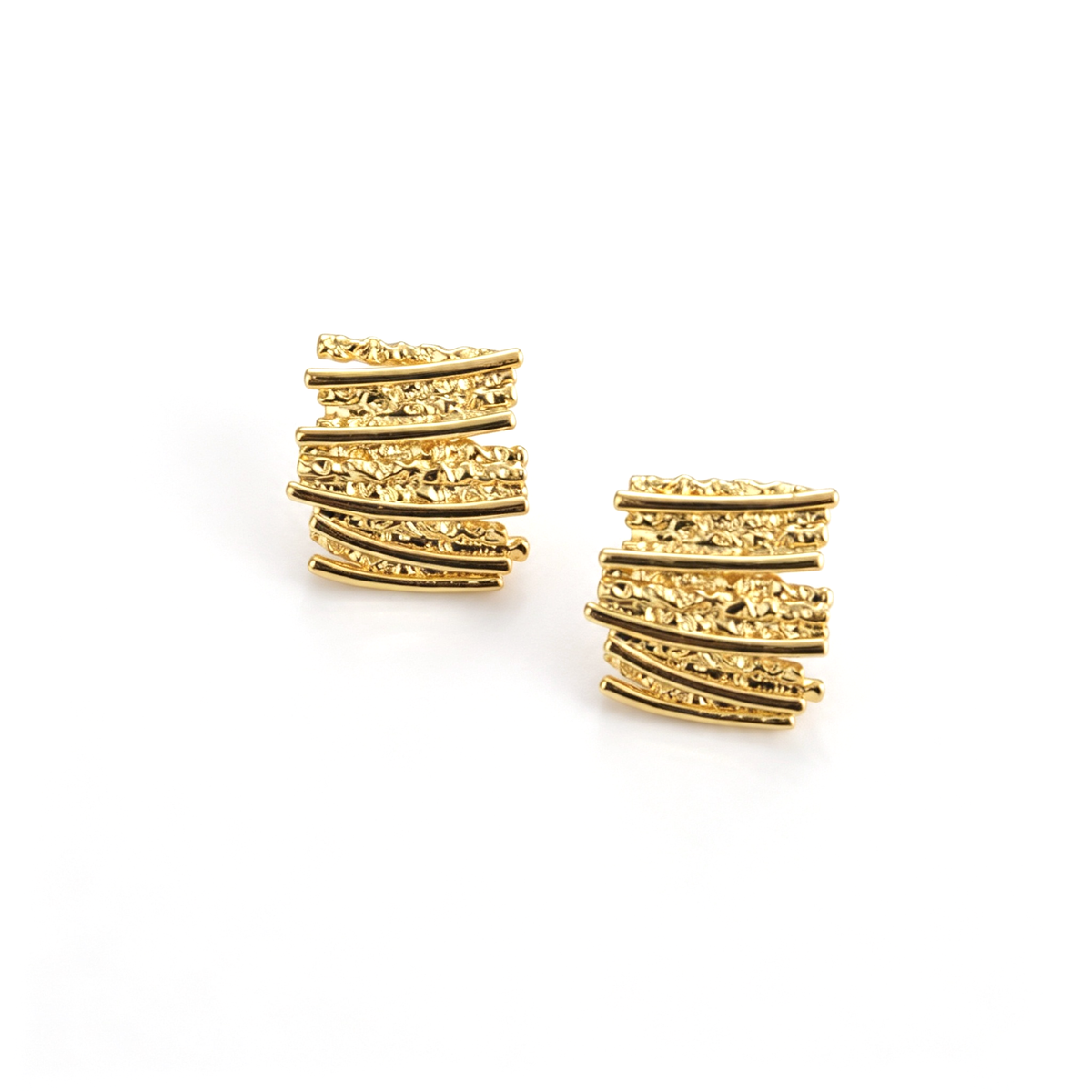Front view of layered bar stud earrings with irregular textured details