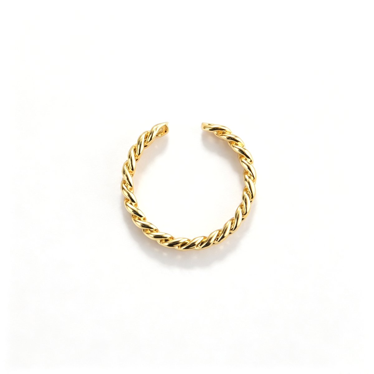 Twisted chain cuff bracelet shown from an angled side view with interwoven links