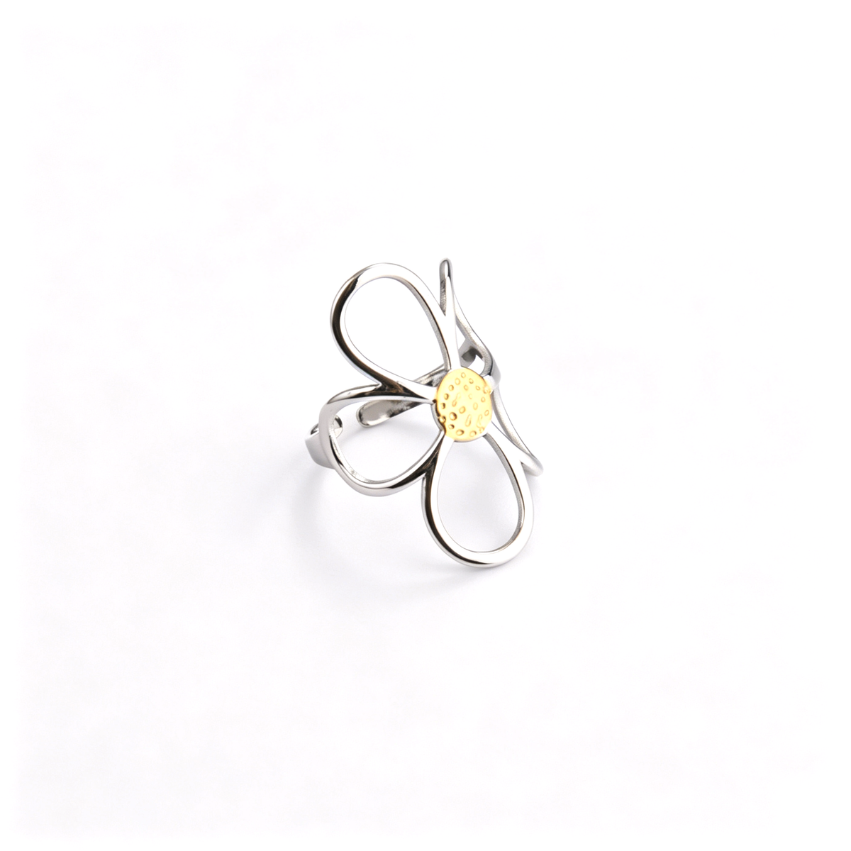 Angled view of a two-tone silver cutout flower open ring featuring a textured gold center pistil.