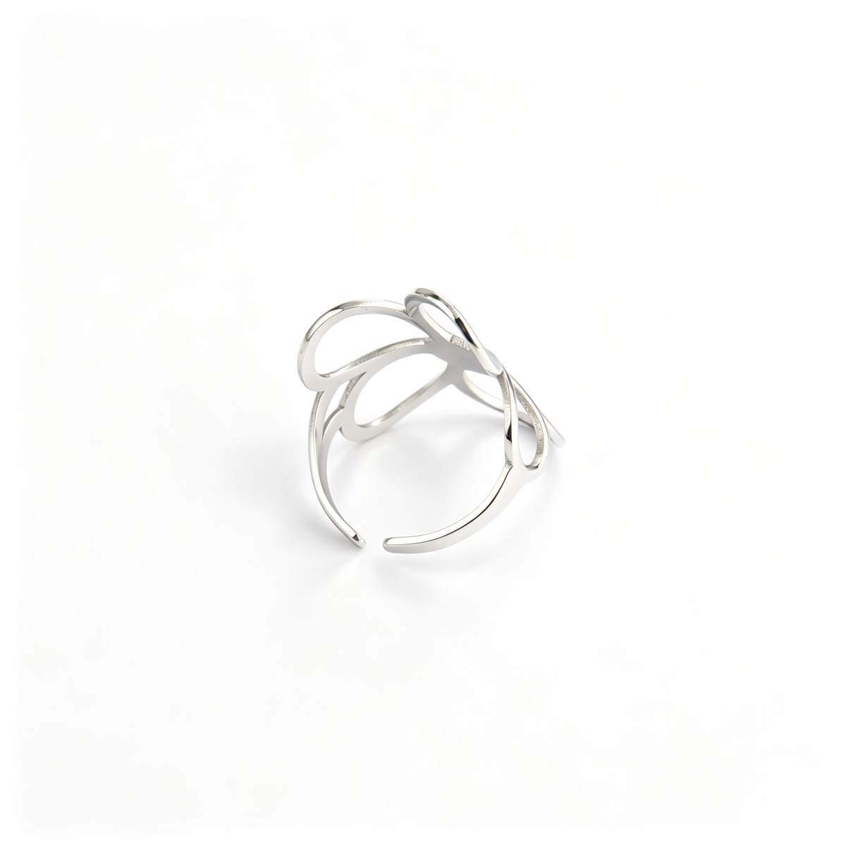 Back view showing the resizable open band structure of the silver-tone wire flower statement ring.