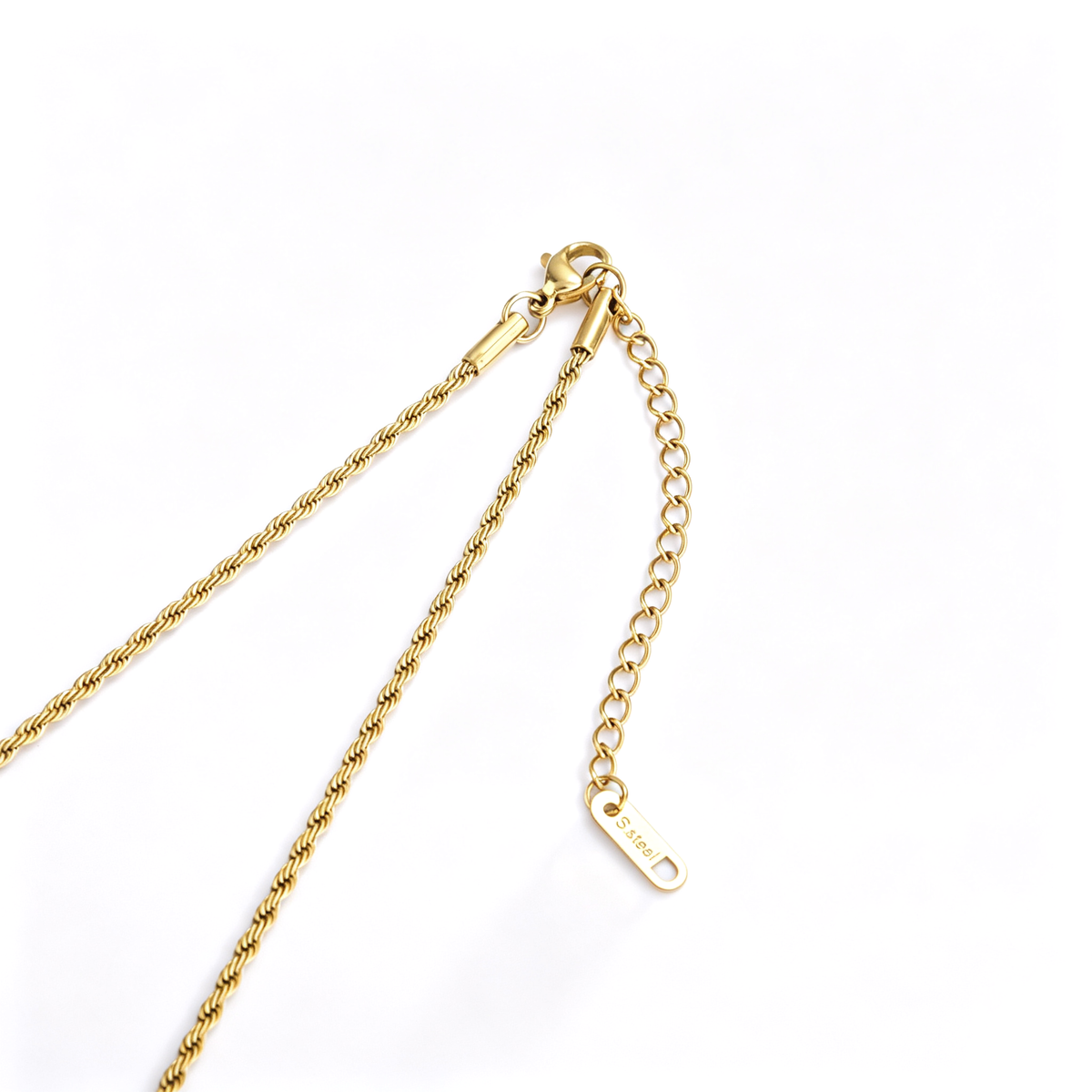 Close-up of lobster claw clasp, extension chain, and logo tag on a gold-plated twisted rope chain.