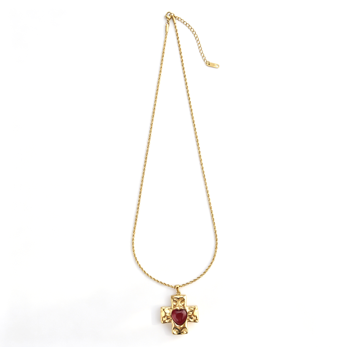Full layout shot of the 18k gold-plated stainless steel red heart cross pendant on a rope chain.