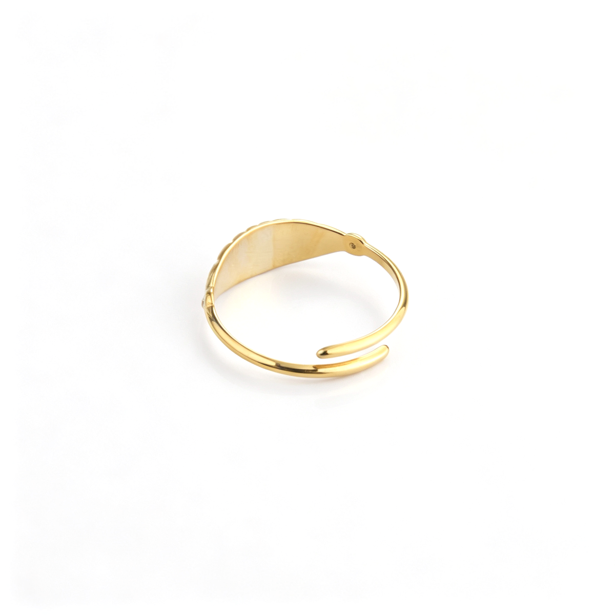 Rear perspective view highlighting the resizable open-back structure of the gold-plated stainless steel ring.