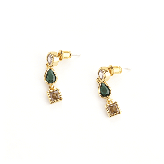 Pair of vintage Art Deco multi-color geometric cluster drop earrings on white background showing the identical layout of pink, green, and tea-colored zircon gems.