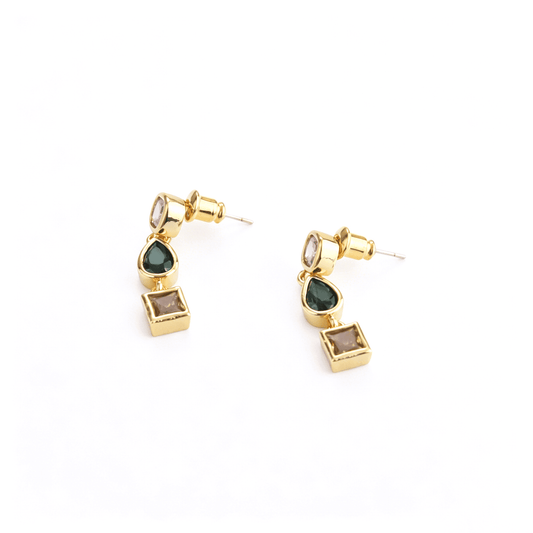 Three-quarter studio view of Ever P. luxury candy-colored geometric cluster dangle earrings with a premium gold finish.