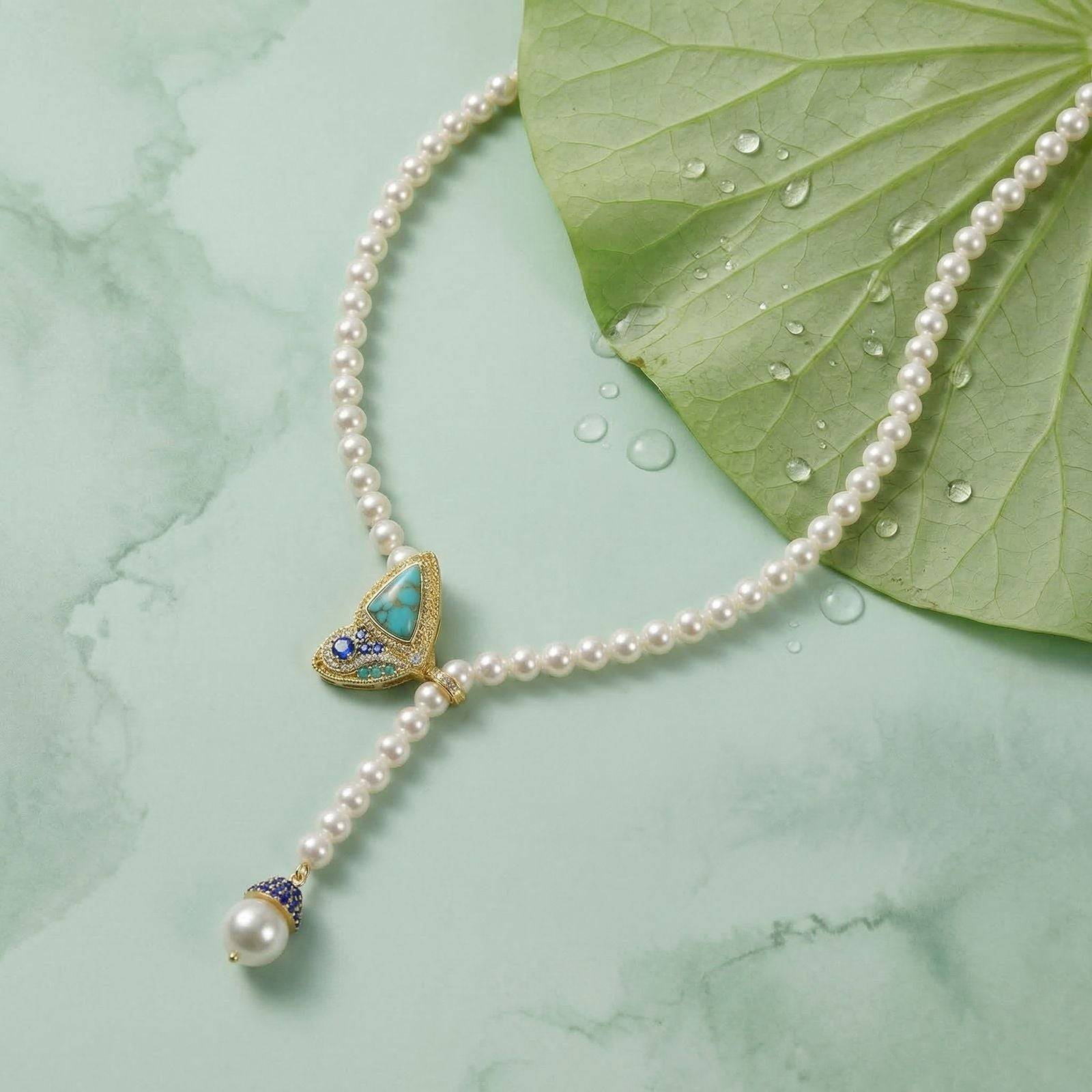 Flat lay of the cottagecore butterfly faux pearl strand necklace laid across a green lotus leaf with faux dew drops.
