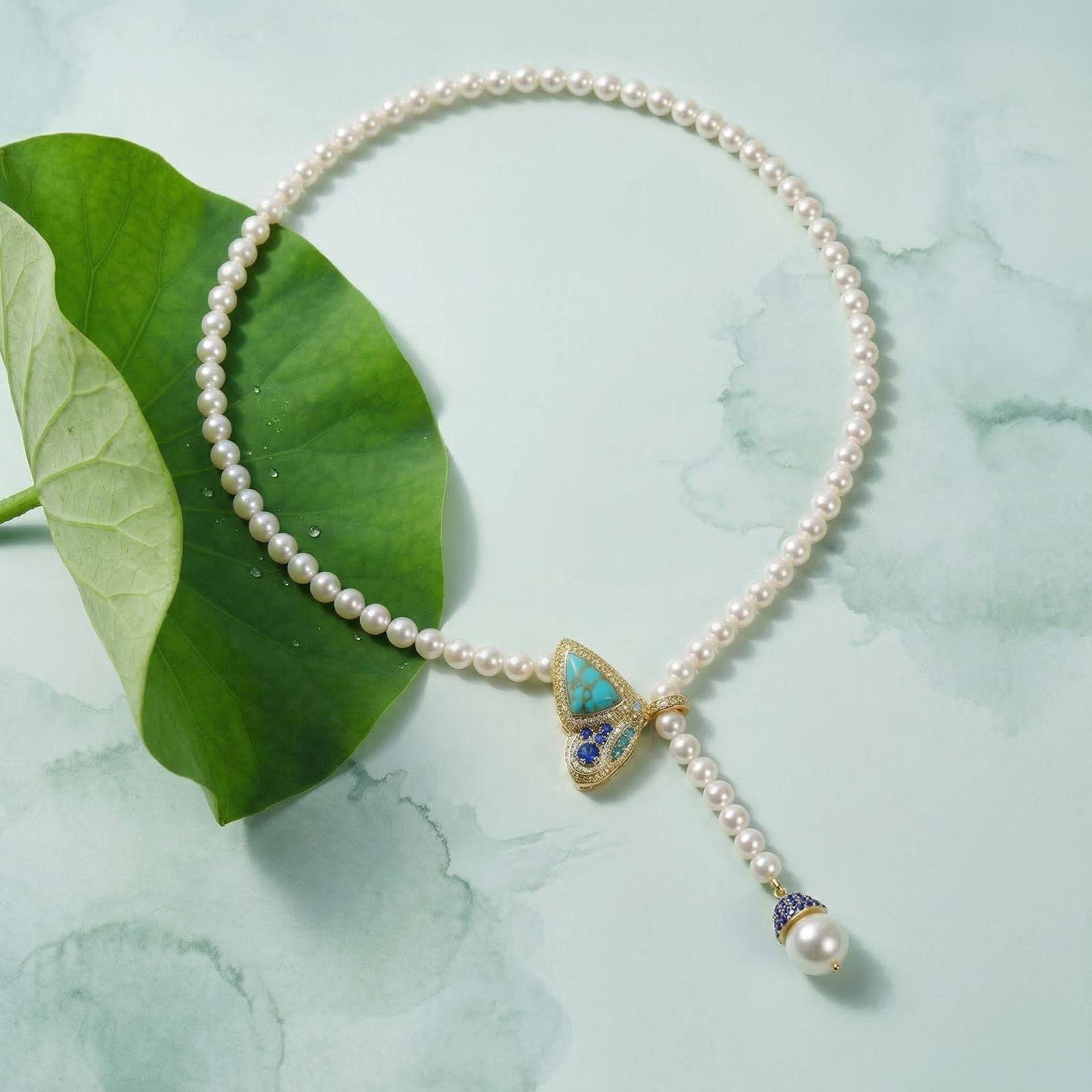 Full layout of Ever P. vintage butterfly pearl lariat-style necklace set against a soft green marble surface with decorative leaves.