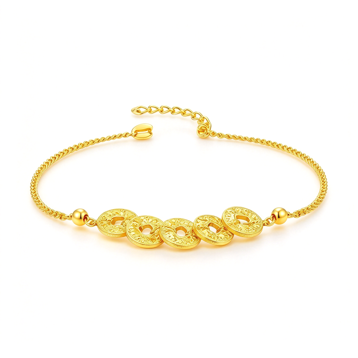 Vintage coin link bracelet with five decorative coin motifs displayed on a white background.