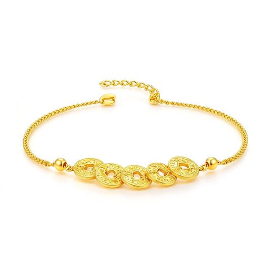 Vintage coin link bracelet with five decorative coin motifs displayed on a white background.