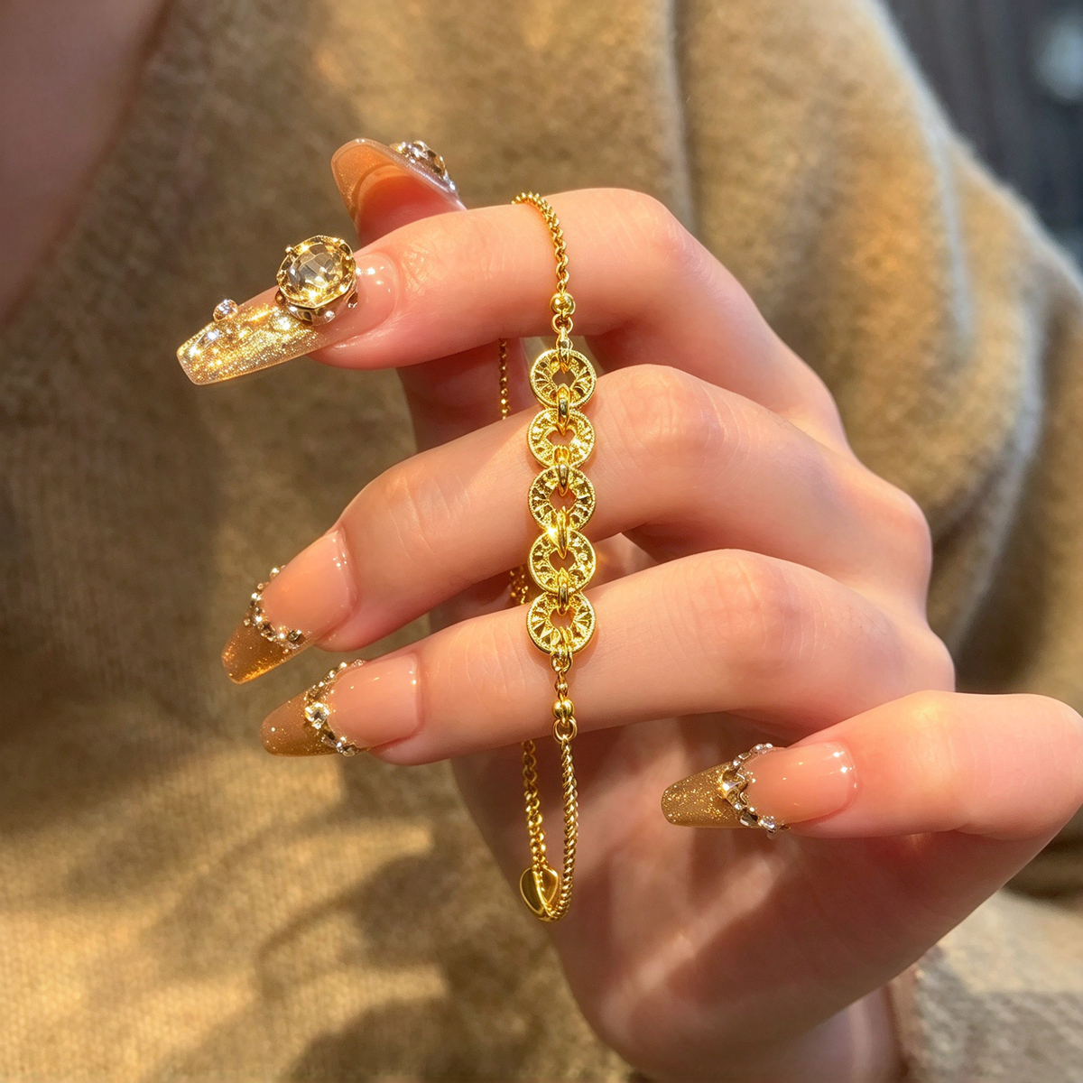 Close-up of a gold-tone coin link bracelet held between fingers, showing the linked coin details and chain design.