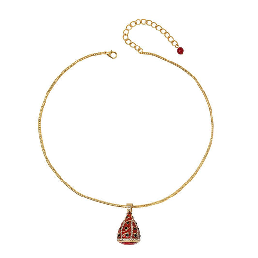 Royal ruby style red enamel egg charm necklace with real gold-plated adjustable extender chain on a white backdrop.