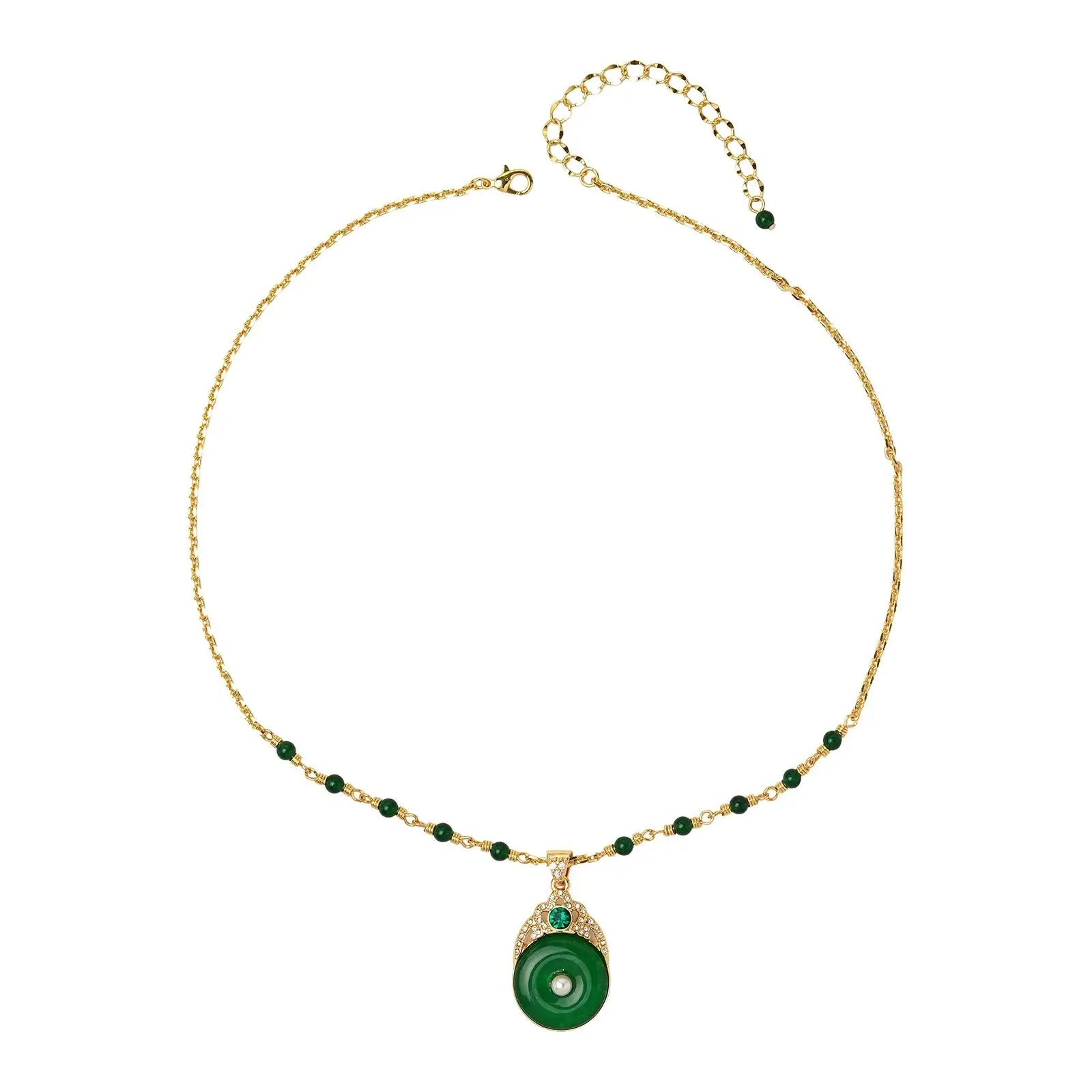Full layout of Ever P. vintage style faux jade Pingan donut necklace showcasing the unique asymmetric beaded-to-metal chain design isolated on white background.