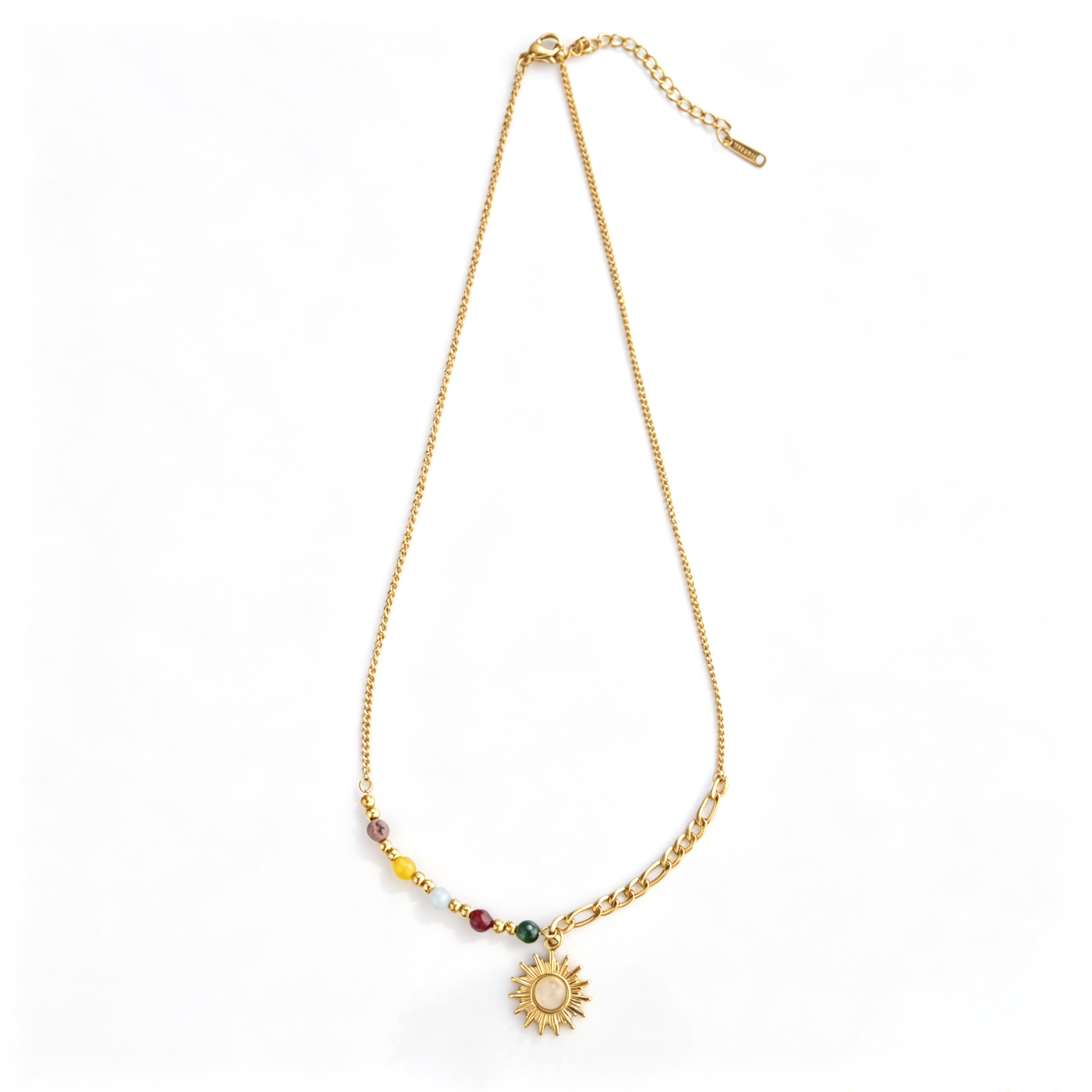 Full-length vintage sun pendant necklace with asymmetric colorful bead and mixed-link details.