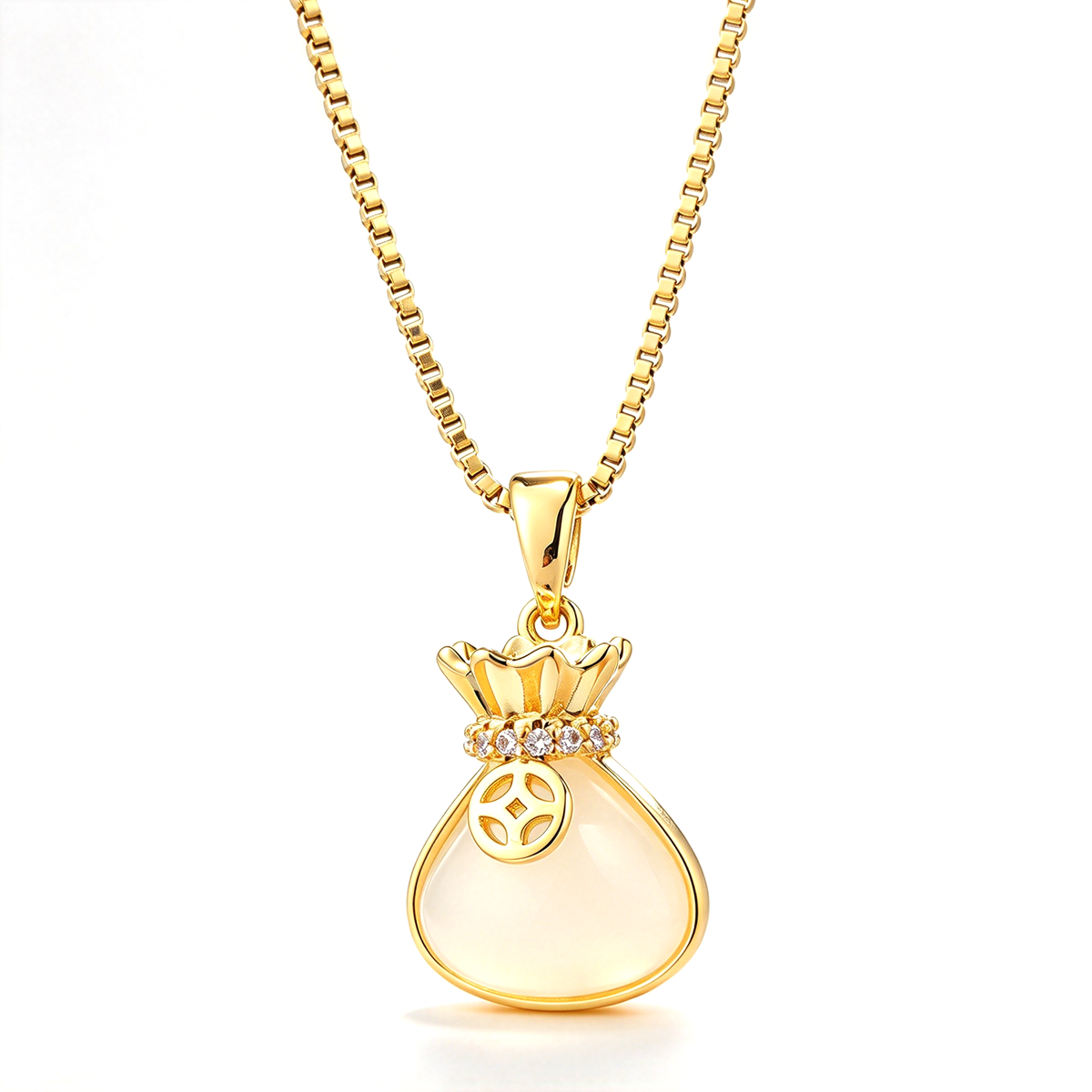 White money bag pendant necklace displayed against a clean white background.
