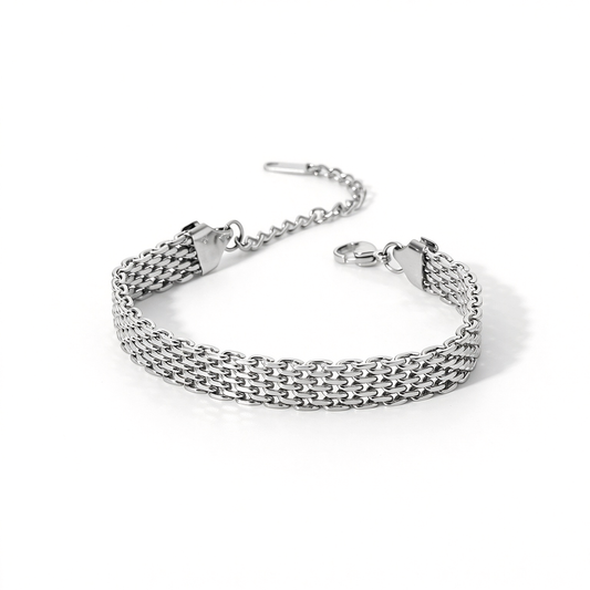 Silver wide woven chain bracelet displayed on a white background with its clasp visible