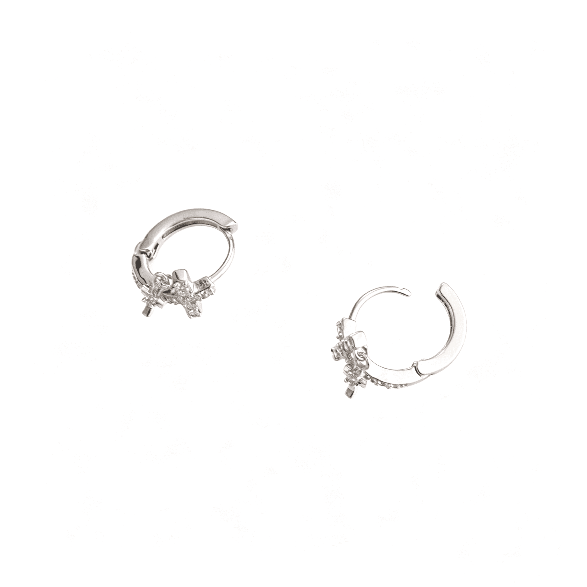 Close-up profile of the unclasped Y2K cross drop charm hoop earrings showing the secure hinged mechanism and genuine S925 sterling silver posts.